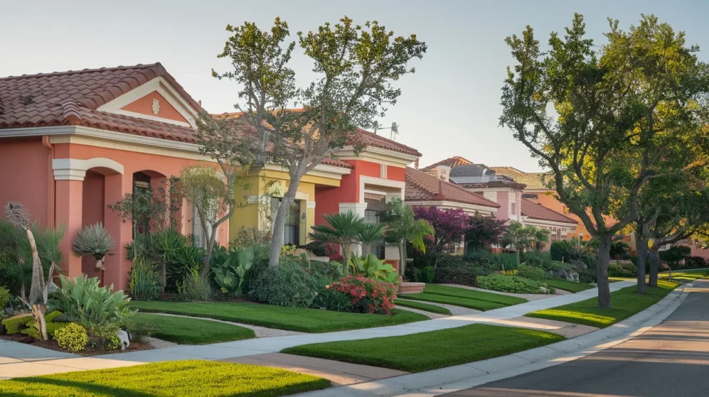 Colorful residential homes with lush gardens along a tree-lined street.