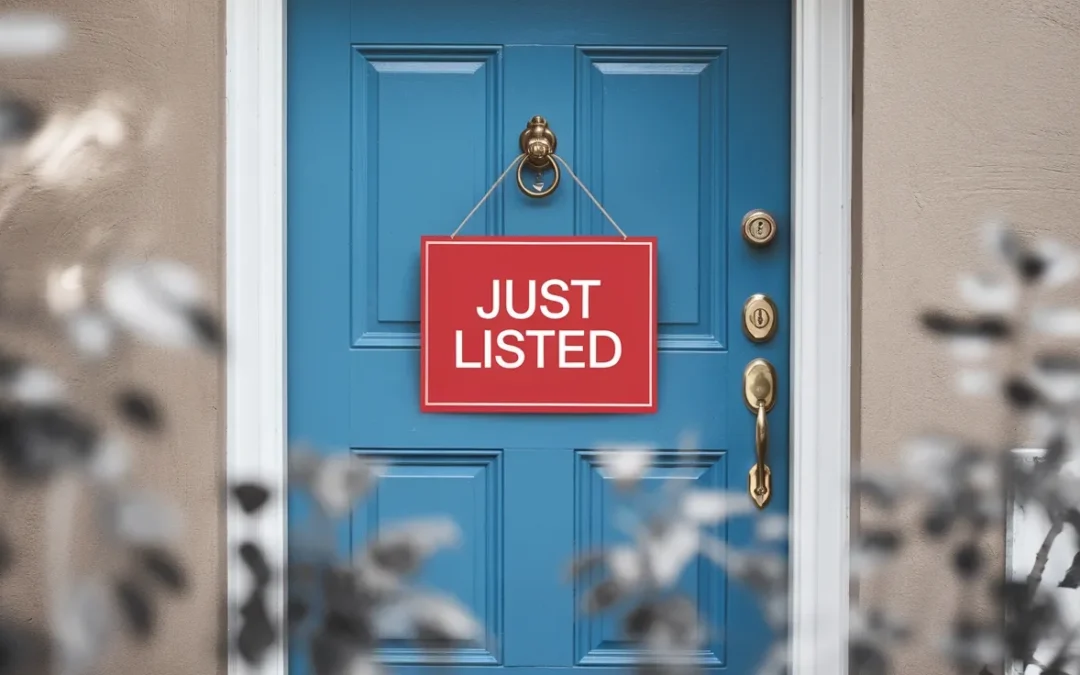 Blue front door with a "JUST LISTED" sign, symbolizing real estate opportunities and market updates for potential home buyers.