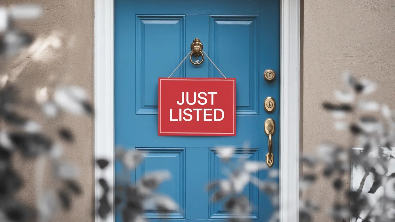 Bright blue door with a red "JUST LISTED" sign hanging.