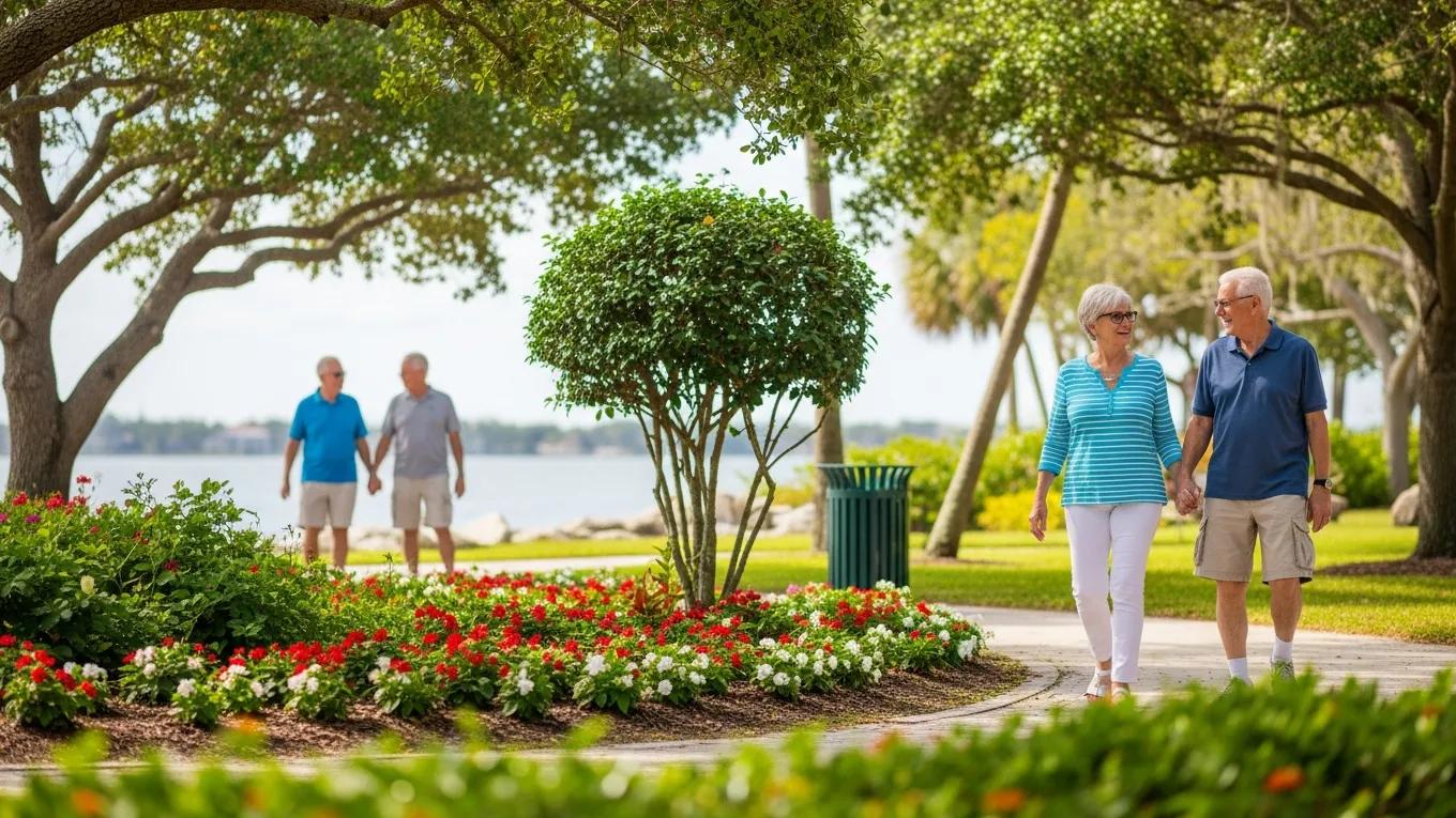 Retirees enjoying a sunny day at a waterfront park in Pinellas County, Florida