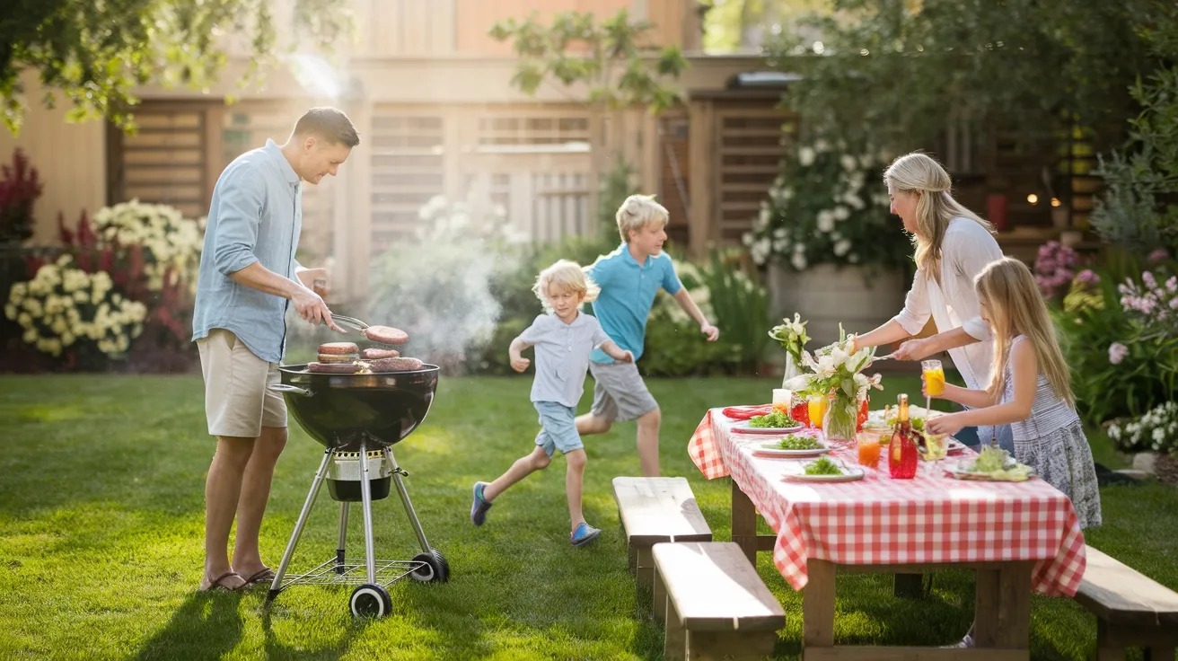 Family enjoying a backyard barbecue with a grill, table of food, and children playing.