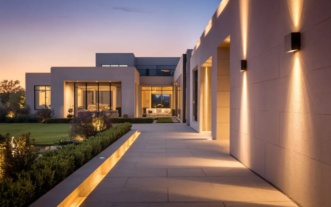 Modern luxury home exterior with landscaped garden and pathway, illuminated at dusk, showcasing contemporary architectural design relevant to real estate market updates.