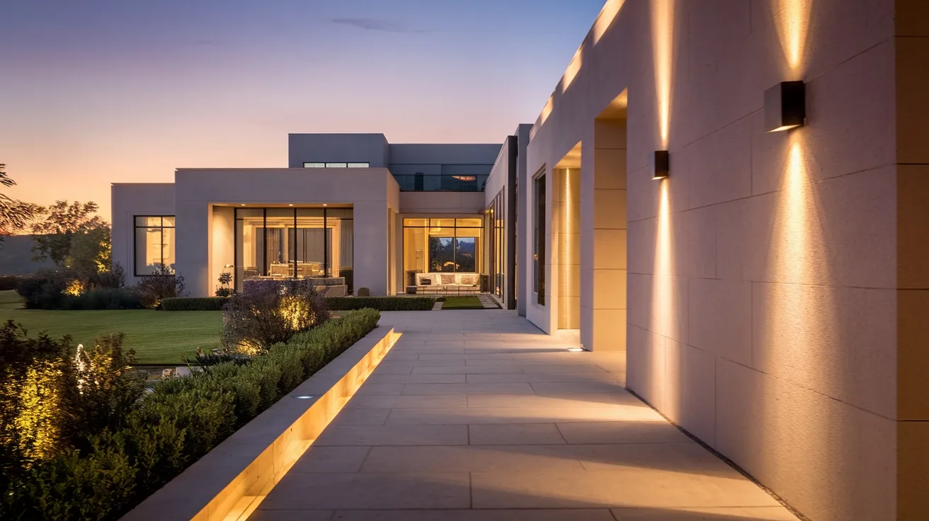 Modern luxury home exterior with landscaped garden and ambient lighting at dusk.