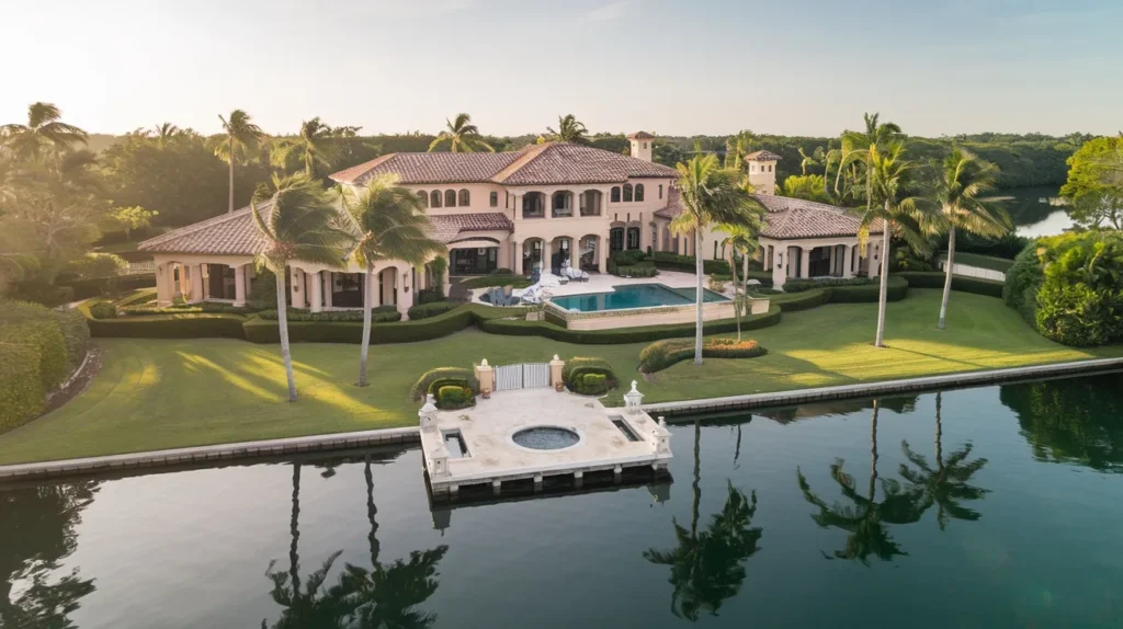 Luxurious waterfront mansion with a pool and palm trees.