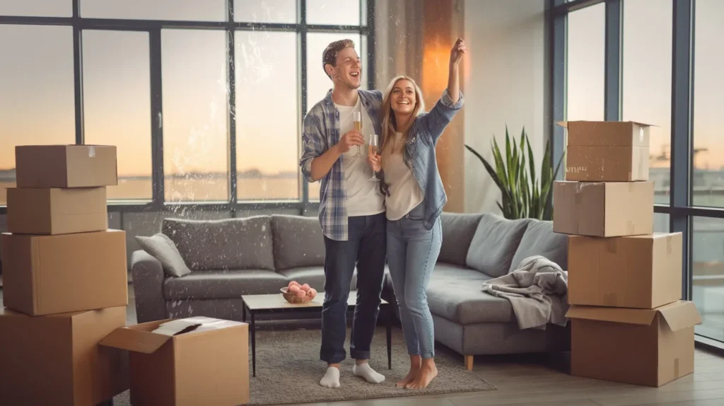 Couple celebrating in a modern living room surrounded by moving boxes.