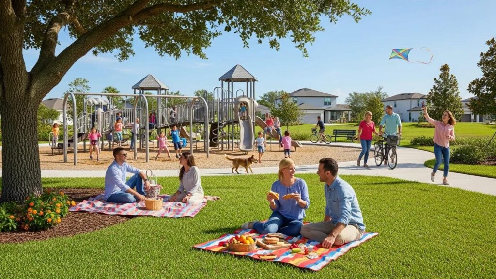 Families enjoying a community park in Lakewood Ranch, highlighting its family-friendly atmosphere