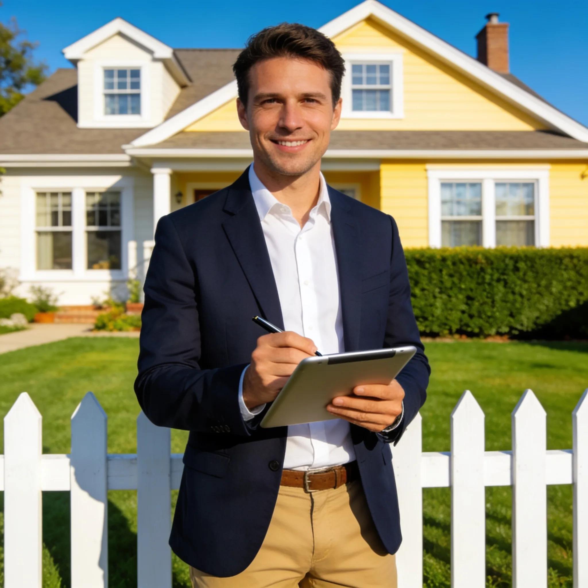 Real estate appraiser inspecting residential property with tablet, highlighting the appraisal process