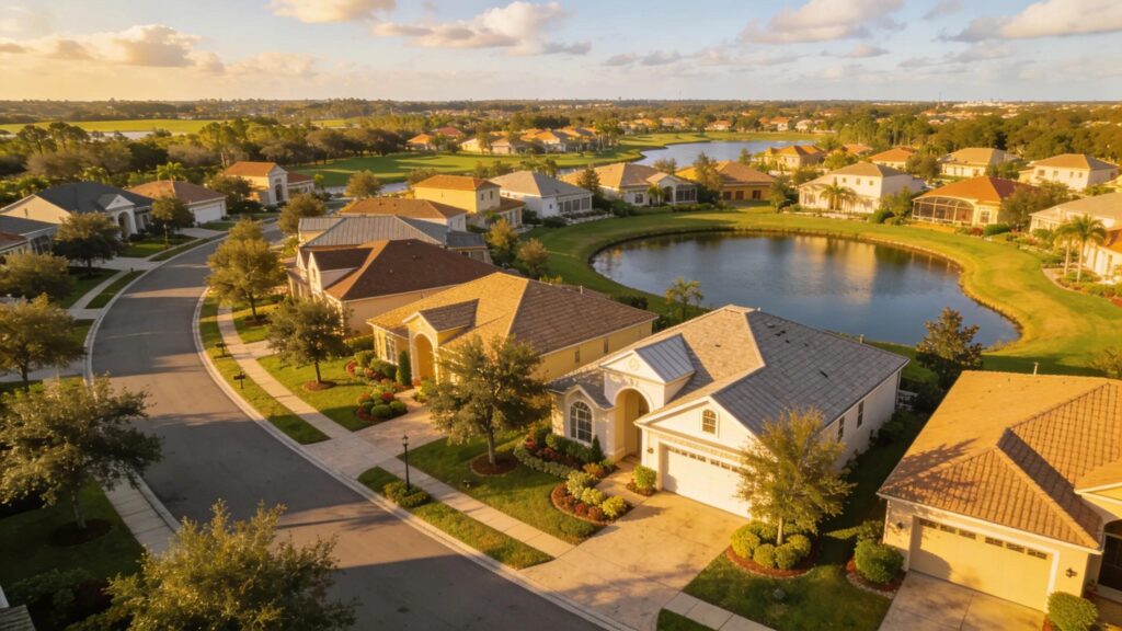 Aerial view of Lakewood Ranch highlighting a mix of homes and landscaped streets