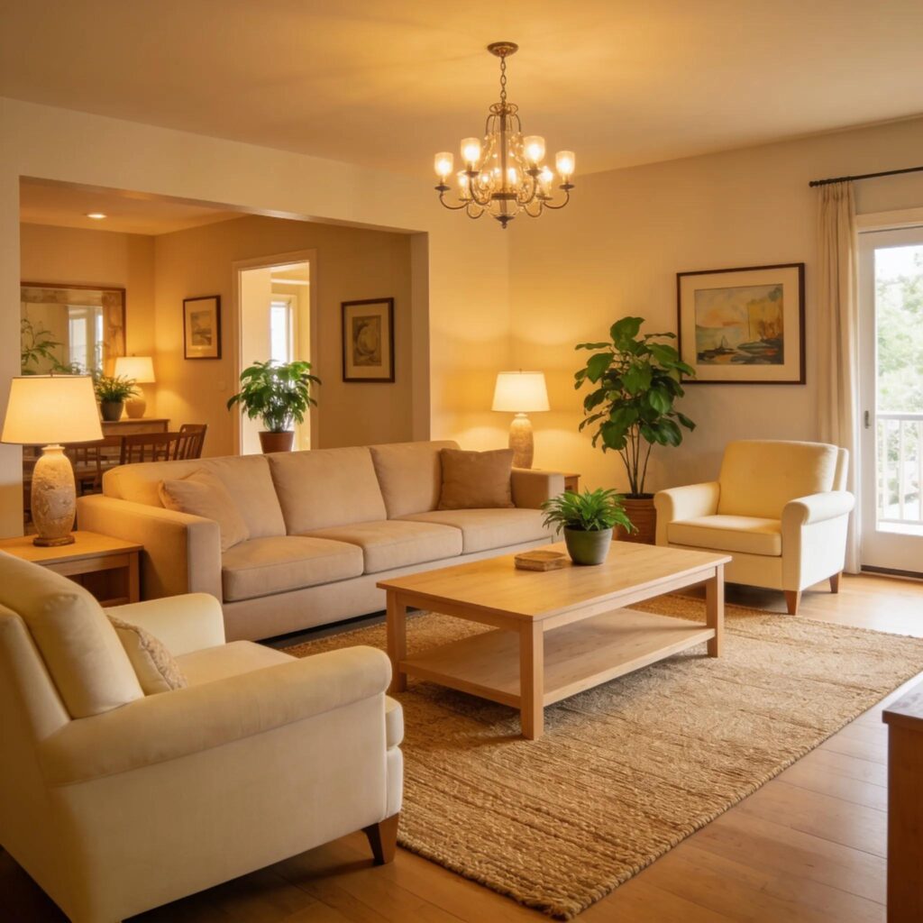 Welcoming living room setup for an open house showcasing neutral colors and cozy decor