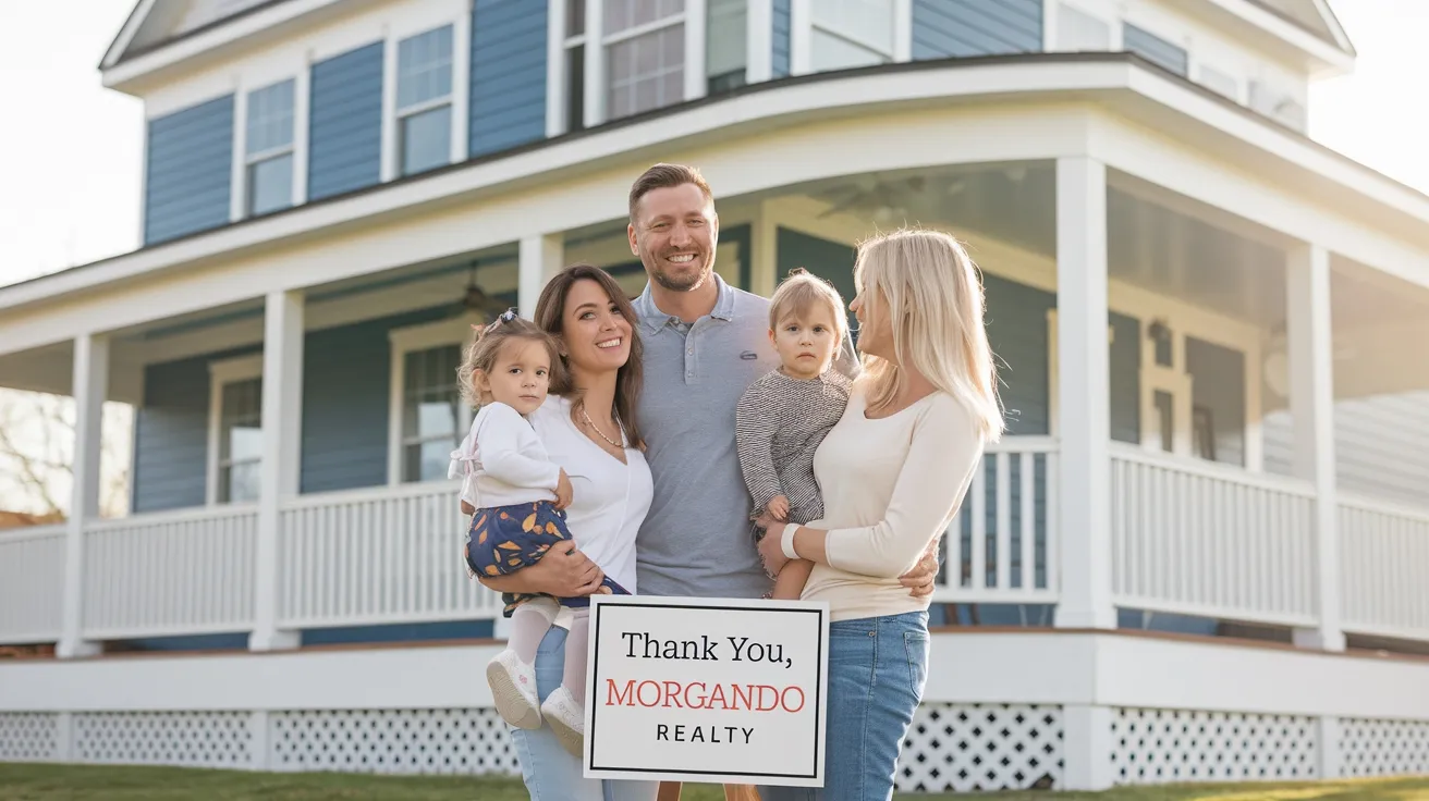 Family standing together in front of a house, holding a "Thank You, Morgando Realty" sign.