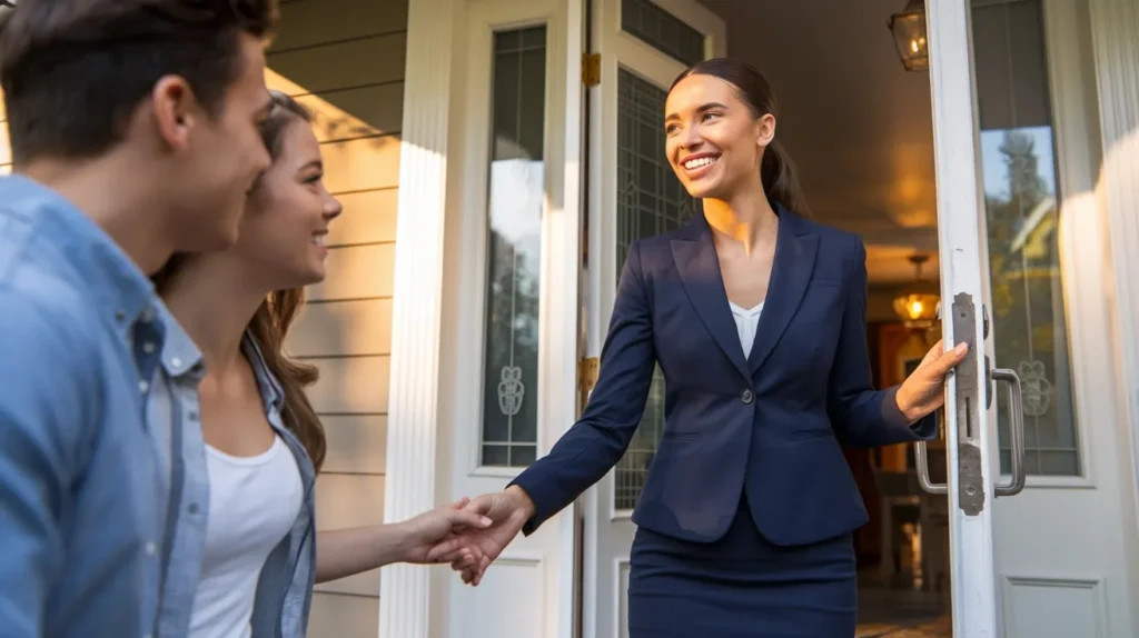 Real estate agent greeting a couple at the front door of a home.